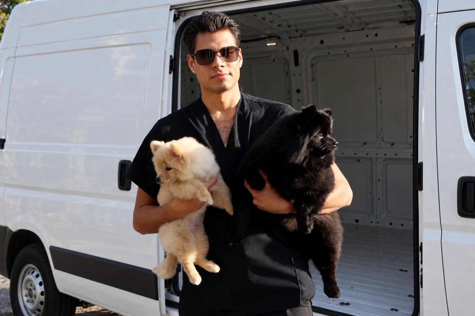 Román Hernández con dos perros pomerania frente a la camioneta de transporte abierta